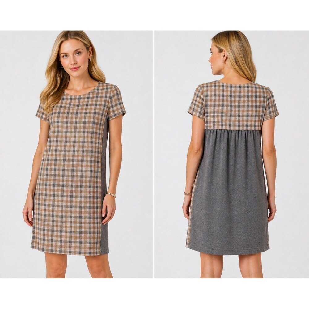 J Jill Womens Mixed Media Plaid Colorblock Dress Short Sleeve Shift Small Y2K